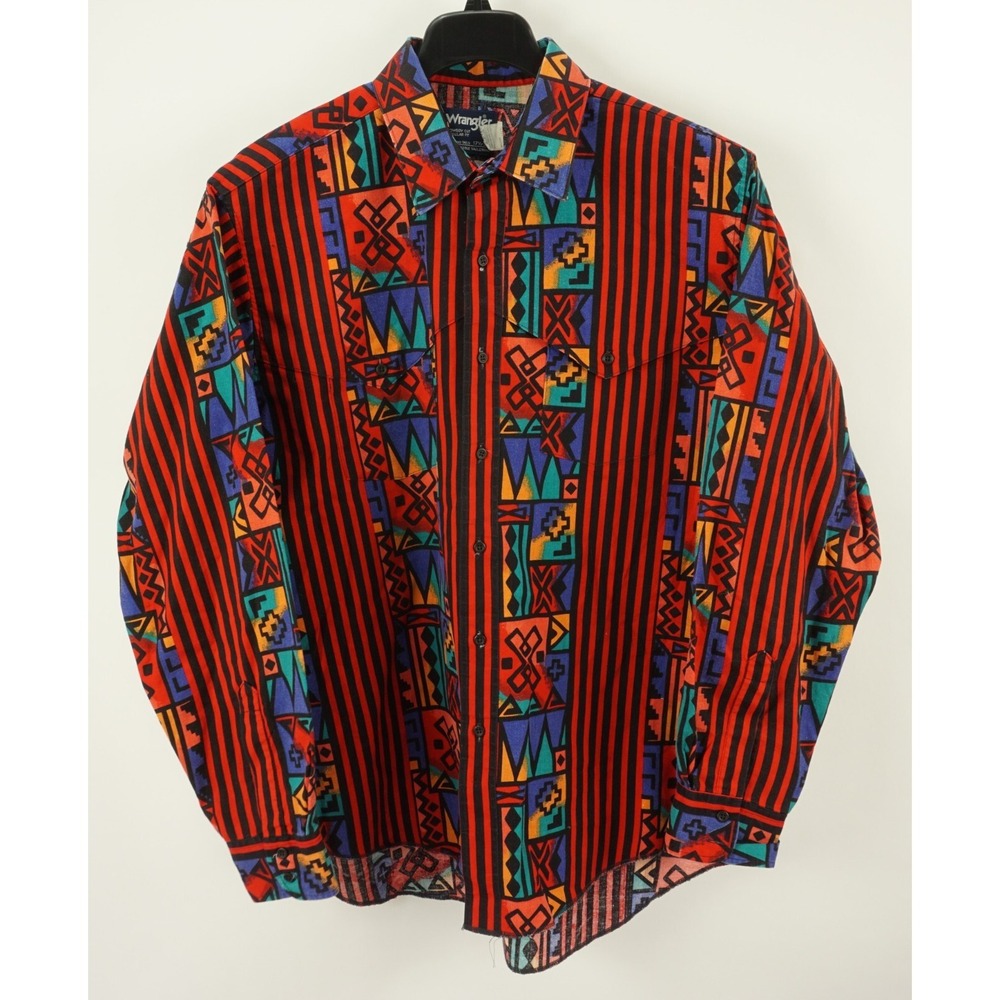 Vintage 1970s USA Wrangler Aztec Tribal Western Button Up Shirt Mens XL 17.5 Red